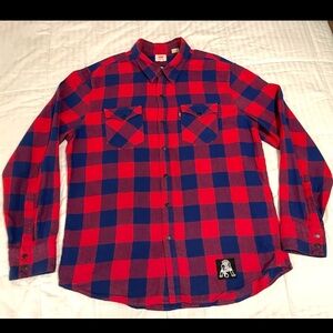 Levis NFL Patriots Flannel Buffalo Plaid Shirt Men L Red Blue Check Football EUC